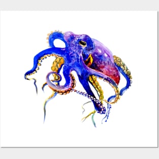Ocotpus Blue, Gold aquatic Beach Octopus design Posters and Art